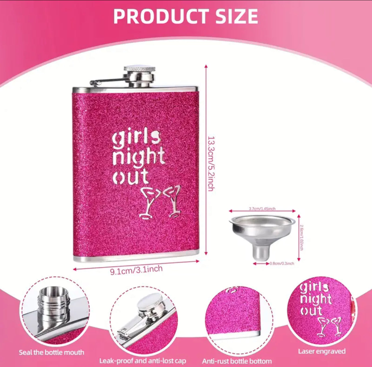 1set/1pc Girls' Night Out Stainless Steel, Glitter Pocket Flask & Funnel