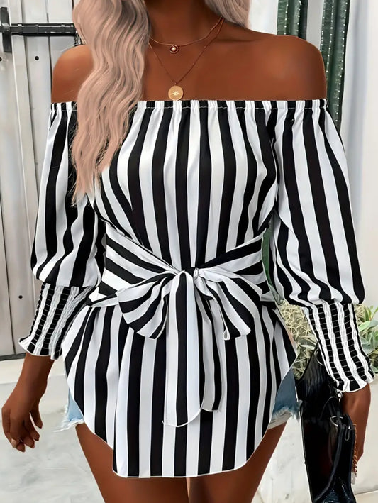 Striped Print Off Shoulder, Elegant Tie Front Blouse