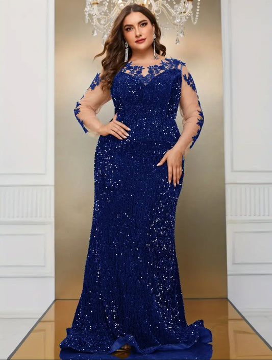 Plus Size Sequin Brush Train Dress, Elegant Floral Lace Stitching Illusion Sleeve Dress