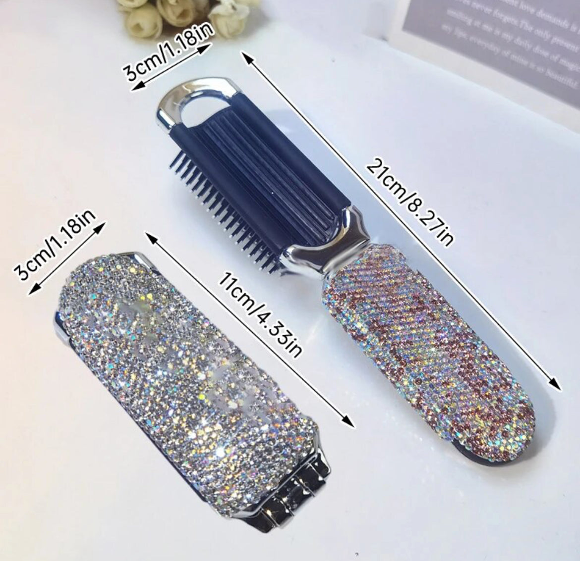 Rhinestone Air Cushion Travel Foldable Comb, Mirror, 2in1