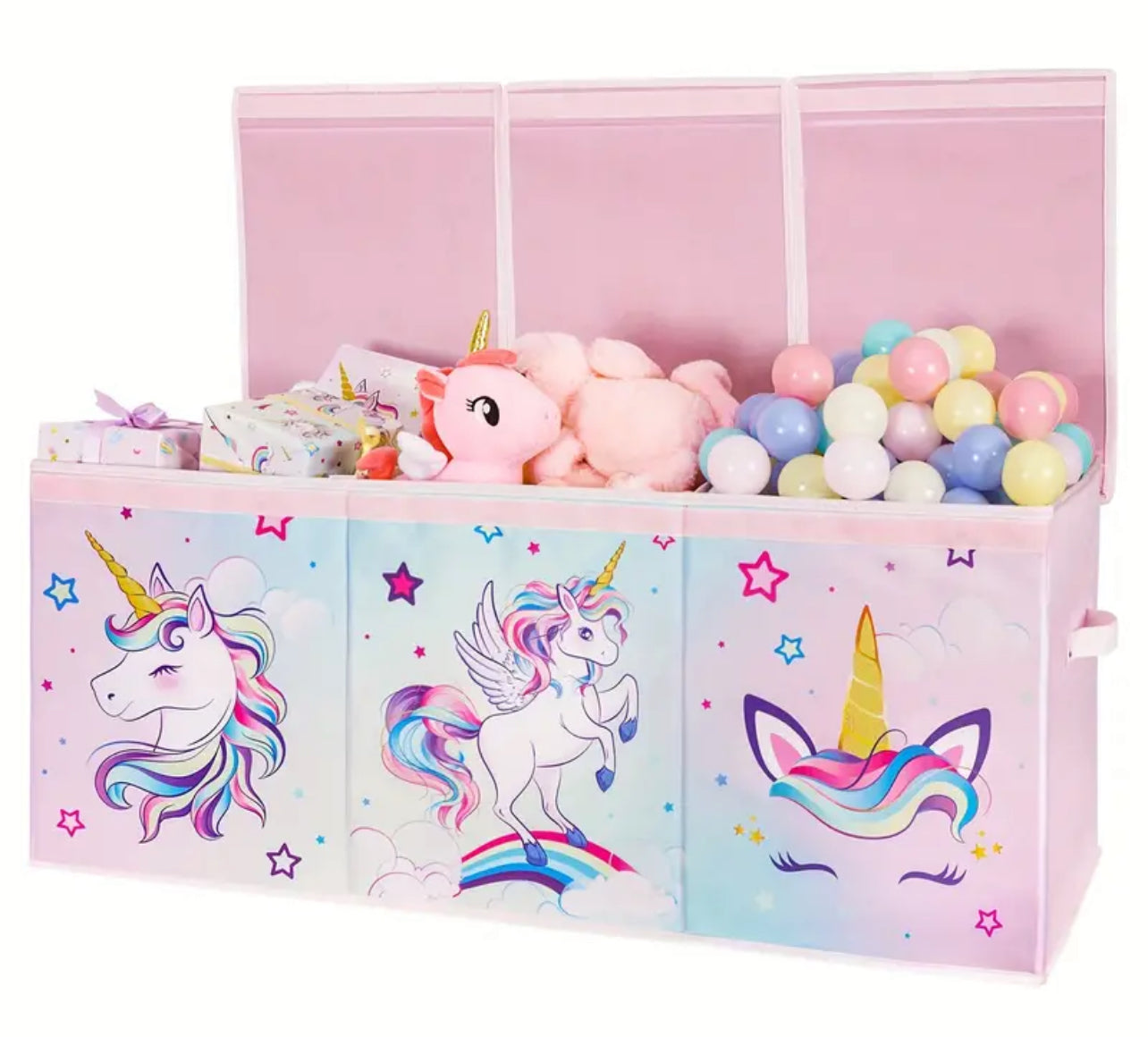 Caja de almacenamiento grande con tapa abatible y diseño de unicornio, plegable y con asas