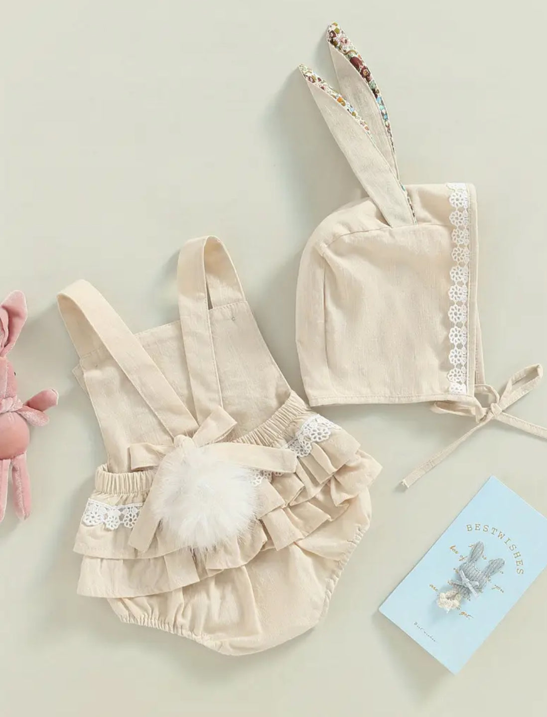 Girls ‘Bunny’ Rabbit Ears+ Ruffles One-Piece Bib Onesie