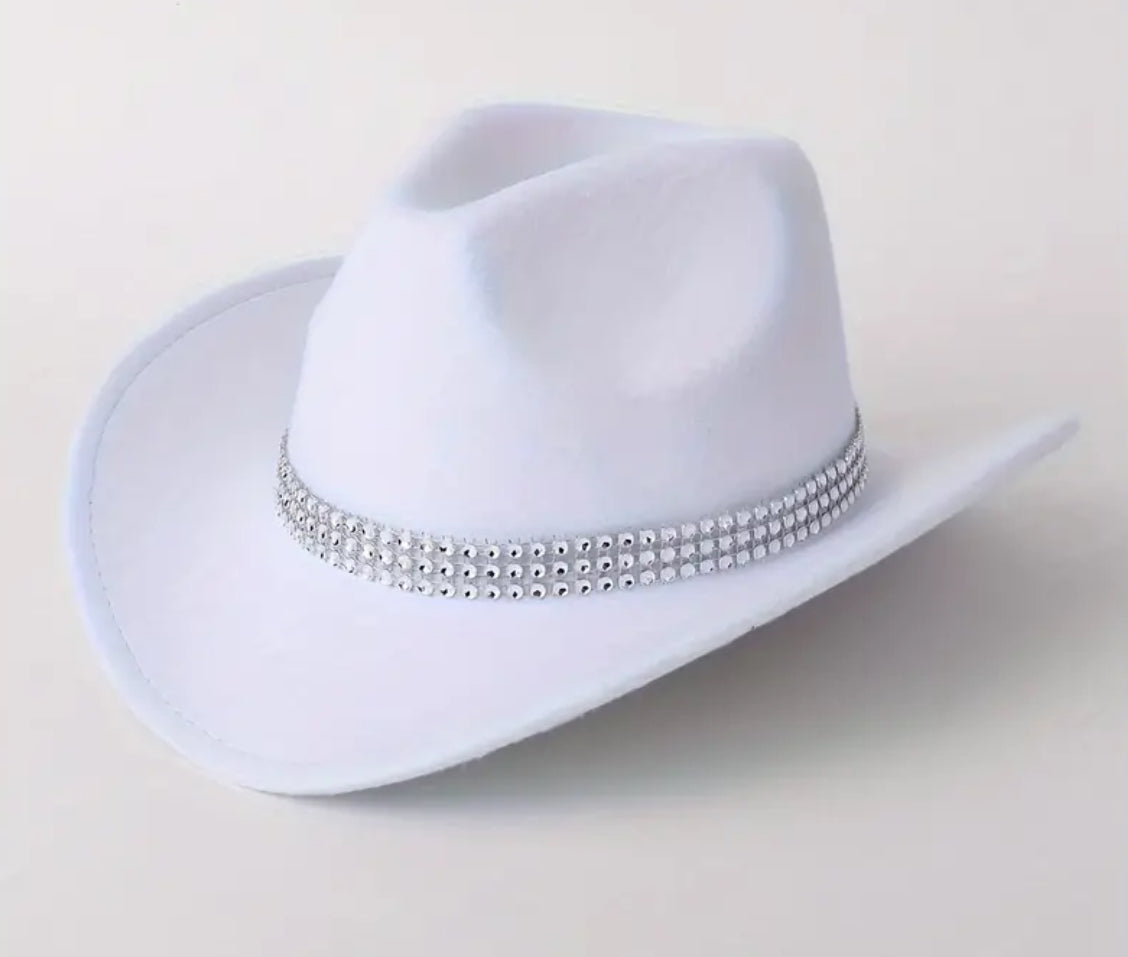 Sombrero de vaquero de fieltro, ala ancha, banda de diamantes de imitación, perfecto para amantes de la moda y la música