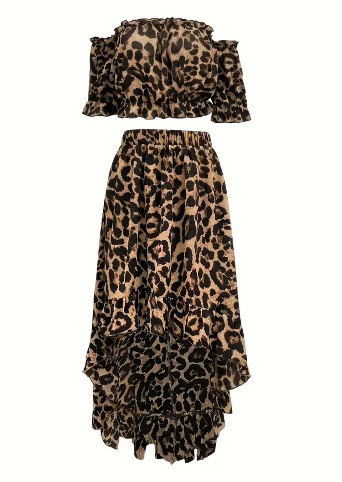 “Elegant Leopard” Two-piece Set, Off Shoulder Short Sleeve Top & Dipped Hem Skirts