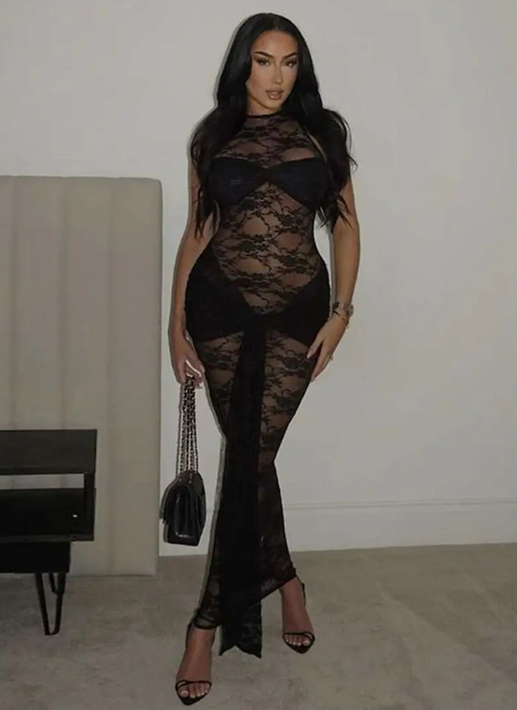 “Sexy Lace” Sheer Bodycon Dress, Sleeveless, Round Neck, Backless with Side Slit