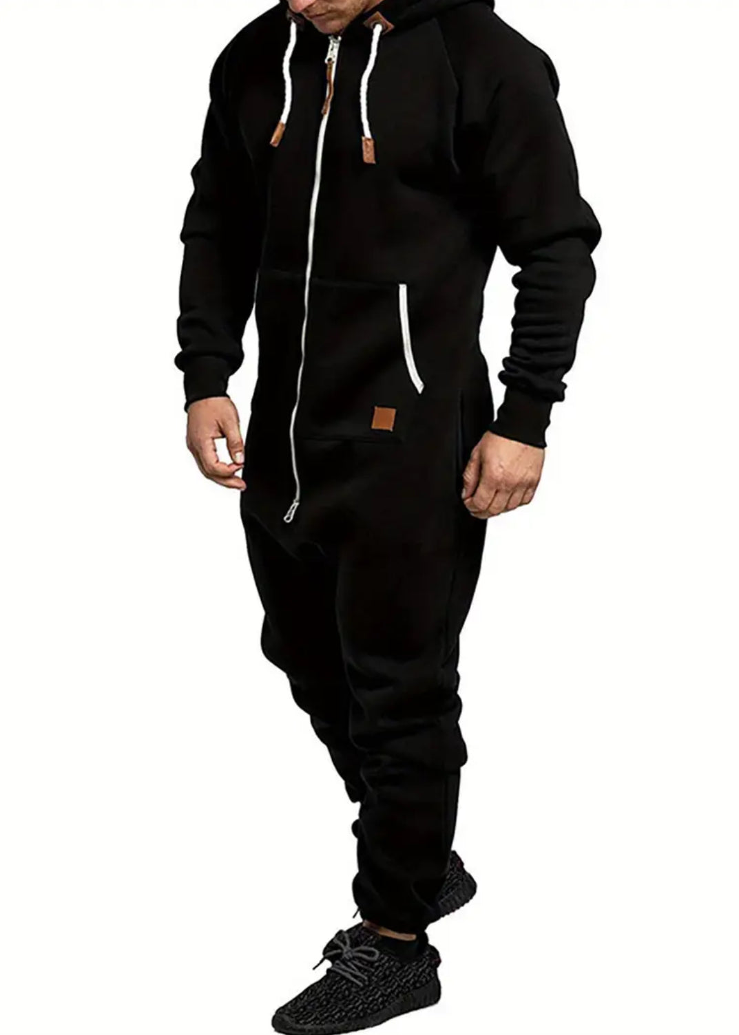 Men'S Hooded Fleece Lining Jumpsuit, Long Sleeve Full Zipper Overalls with Kangaroo Pockets