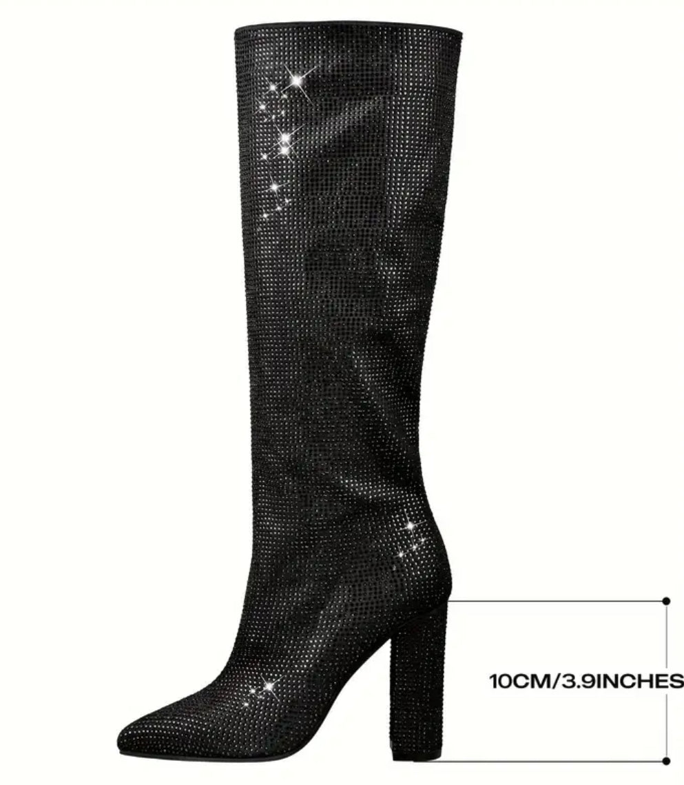 Sparkling Rhinestone Knee-High Boots - Black Pointed-Toe Block Heel