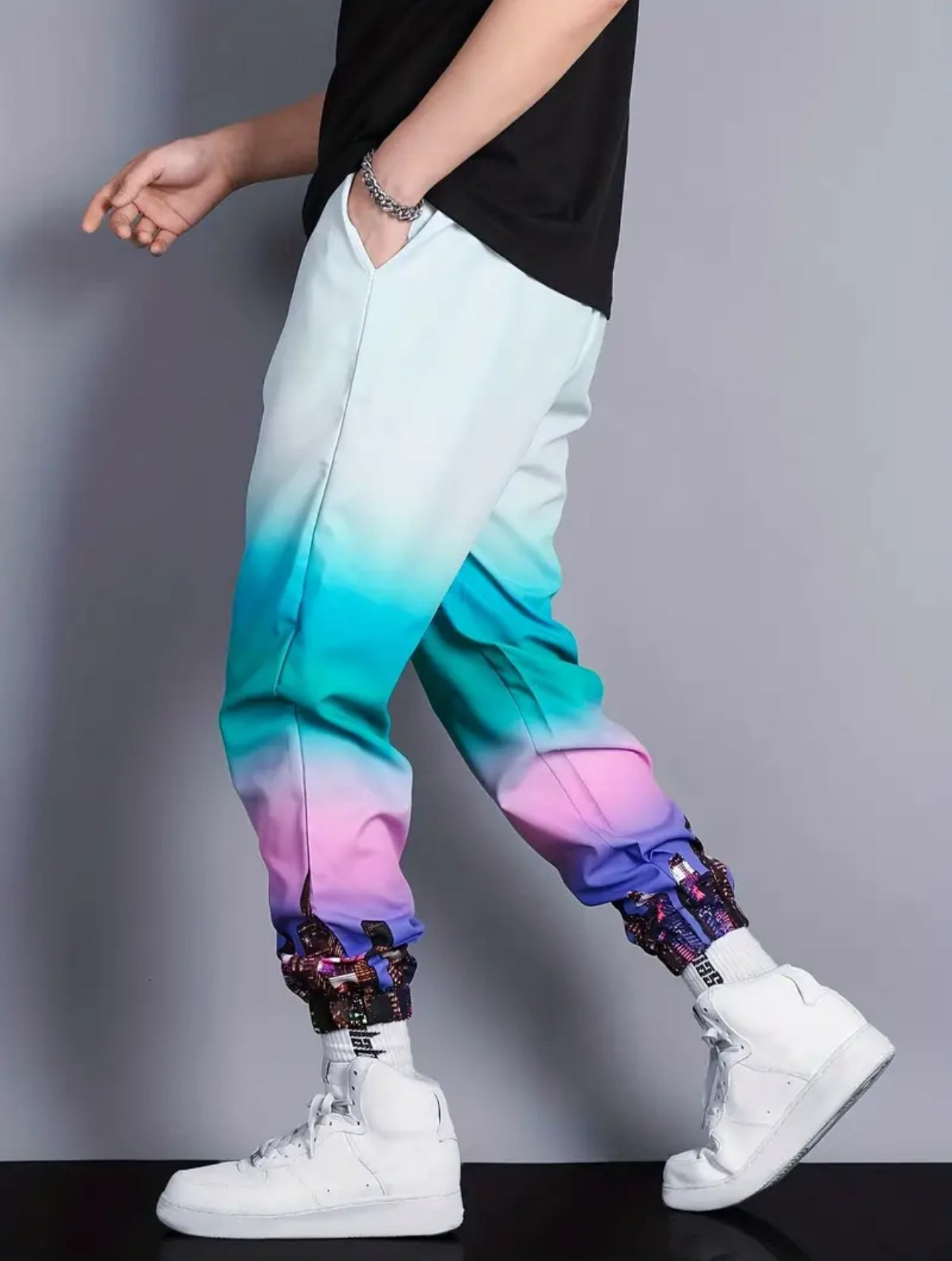 Ombre Gradient Color Drawstring Loose Fit Sweatpants, Casual Slightly Stretch Joggers