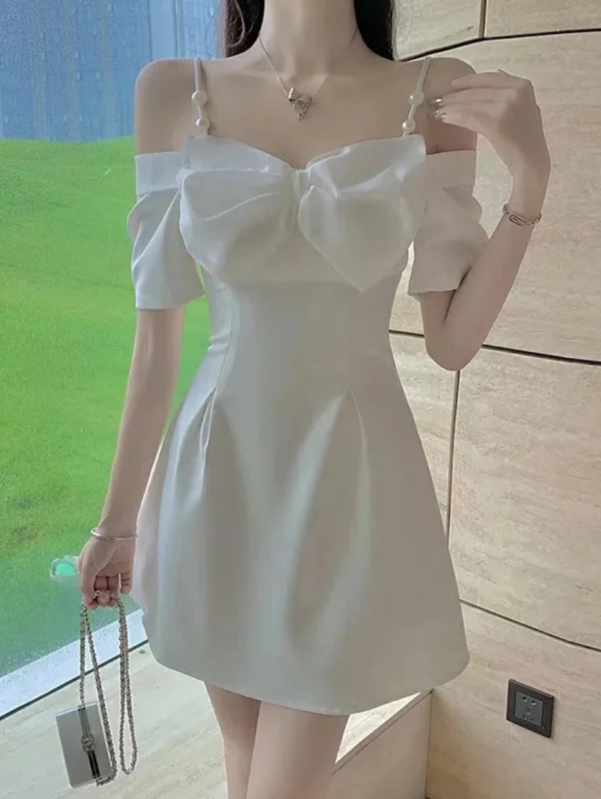 Elegant Mini Fashion Dress, Bow Slash Neckline, Women’s