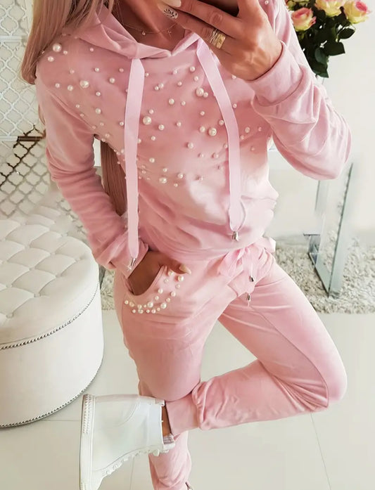 Conjunto de dos piezas con cuentas de pera, sudadera con capucha de manga larga y pantalones con cordón, colección Posh 💋 Mommies