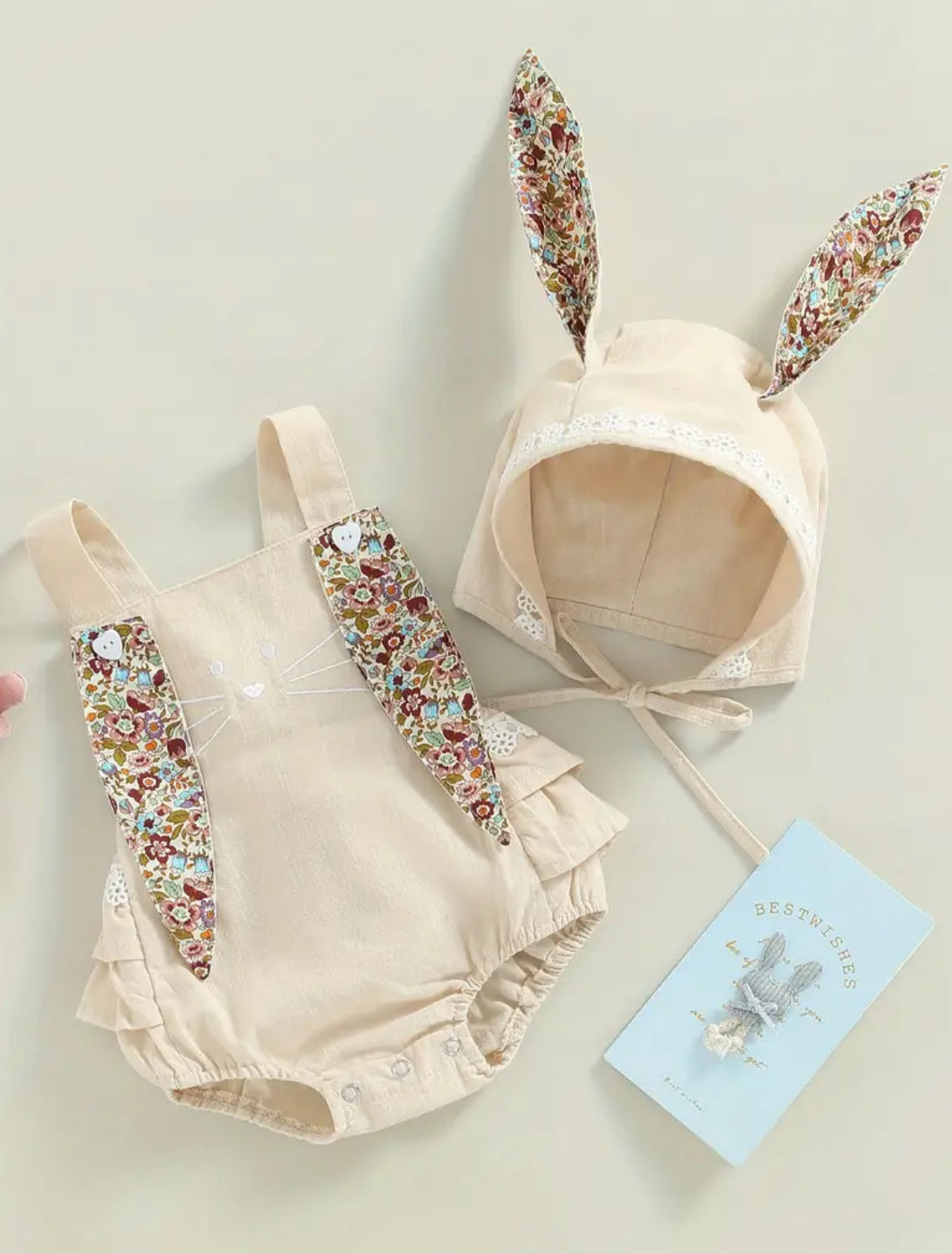 Girls ‘Bunny’ Rabbit Ears+ Ruffles One-Piece Bib Onesie