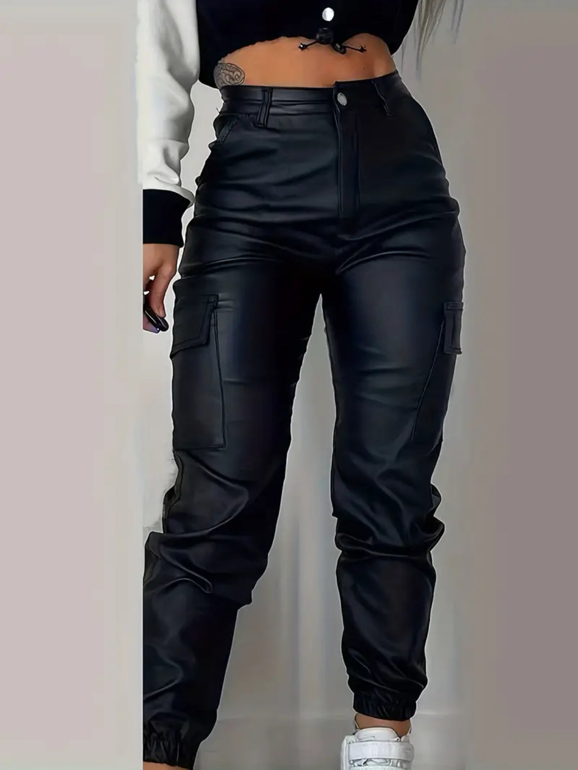 Multi-pocket Leather Look Cargo Jeans, Y2k Posh Streetwear High Stretch Fashion Jogger