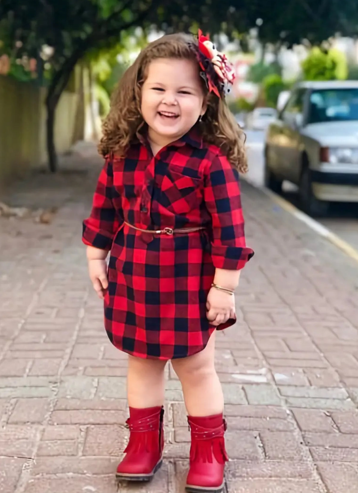 “Holly” Black Red Plaid T-Shirt Blouse Dress + Twist Belt, Long Sleeve, Toddler Baby Girl Outfit