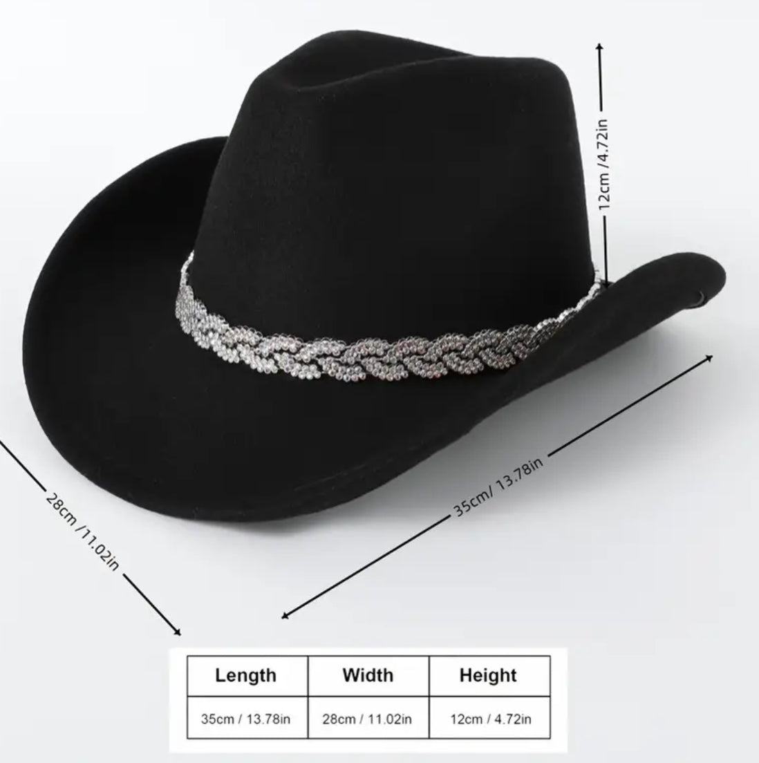 Sombrero de vaquero de fieltro de moda para mujer con banda de diamantes de imitación plateados y detalle de cuentas