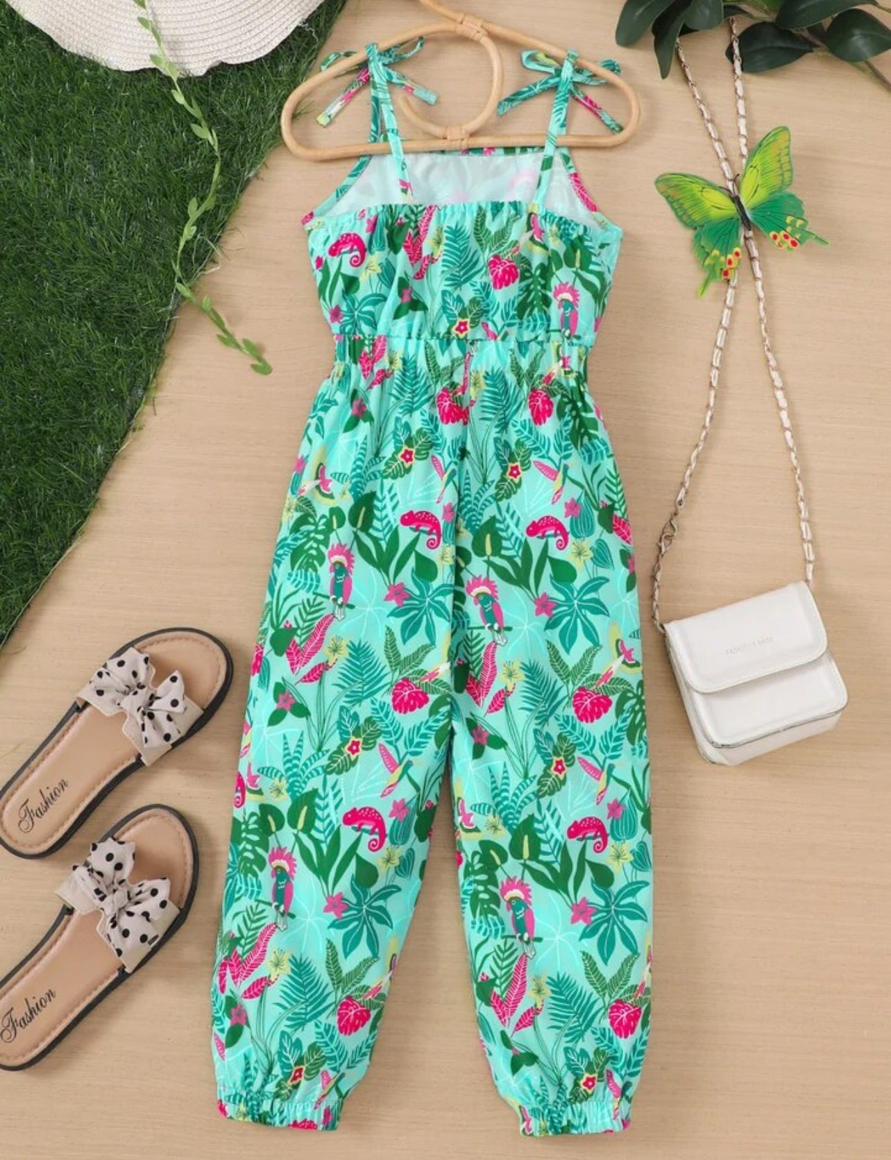 Tropical Leaves, Bow Decor Cami Jumpsuit Romper