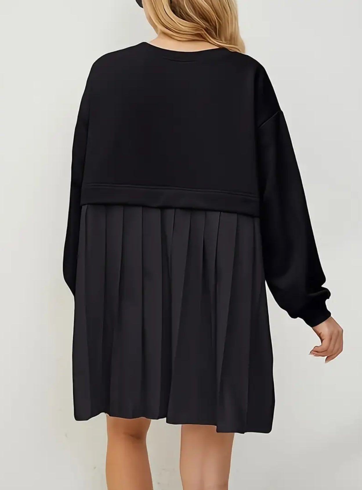 Timeless, Drop Shoulder Solid Loose, Pleated Long Sleeve Dress