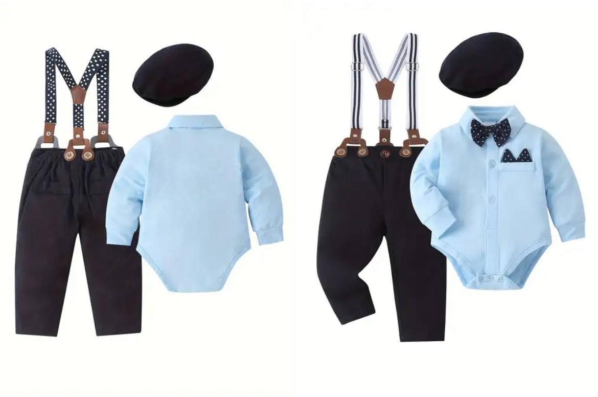 4pcs Baby Long-sleeved Gentleman Suit - Baby Triangle Jumpsuit, Beret, Suspenders, Bow Tie Set, 0-24 Months Soft And Comfortable Toddler Dress