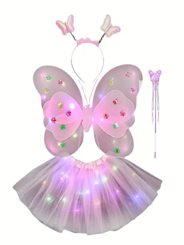 Girl's LED Fairy Costume Set, Butterfly Wings + Tutu Skirt Headband, Wand, 3Y-14Y