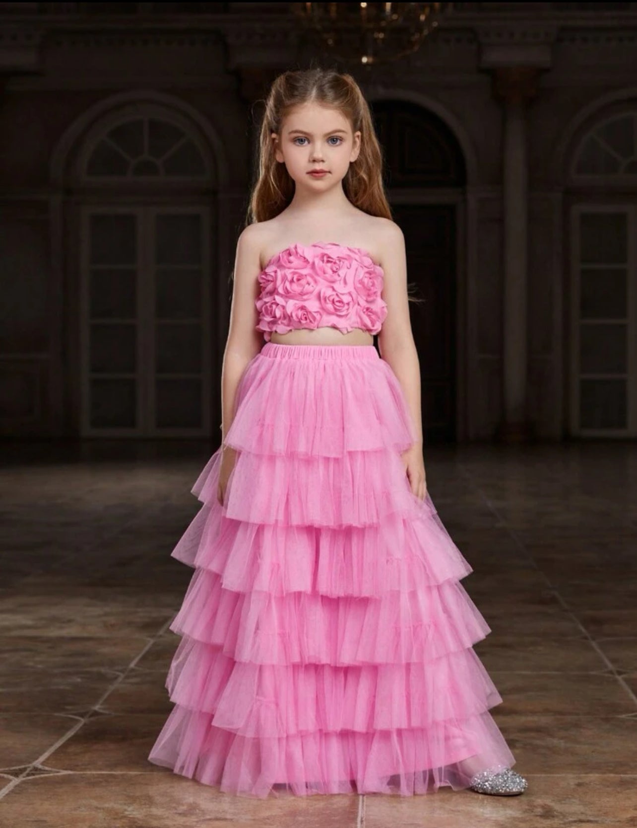 Tween Girl Sequined Strapless Top And Layered Tulle Skirt Party Set