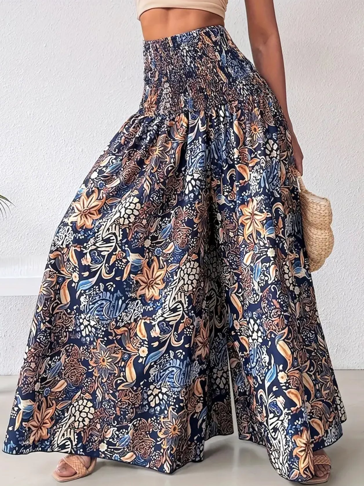 “Boho Floral” Shirred Waist, Floor Length, Wide Leg Pants 🔹