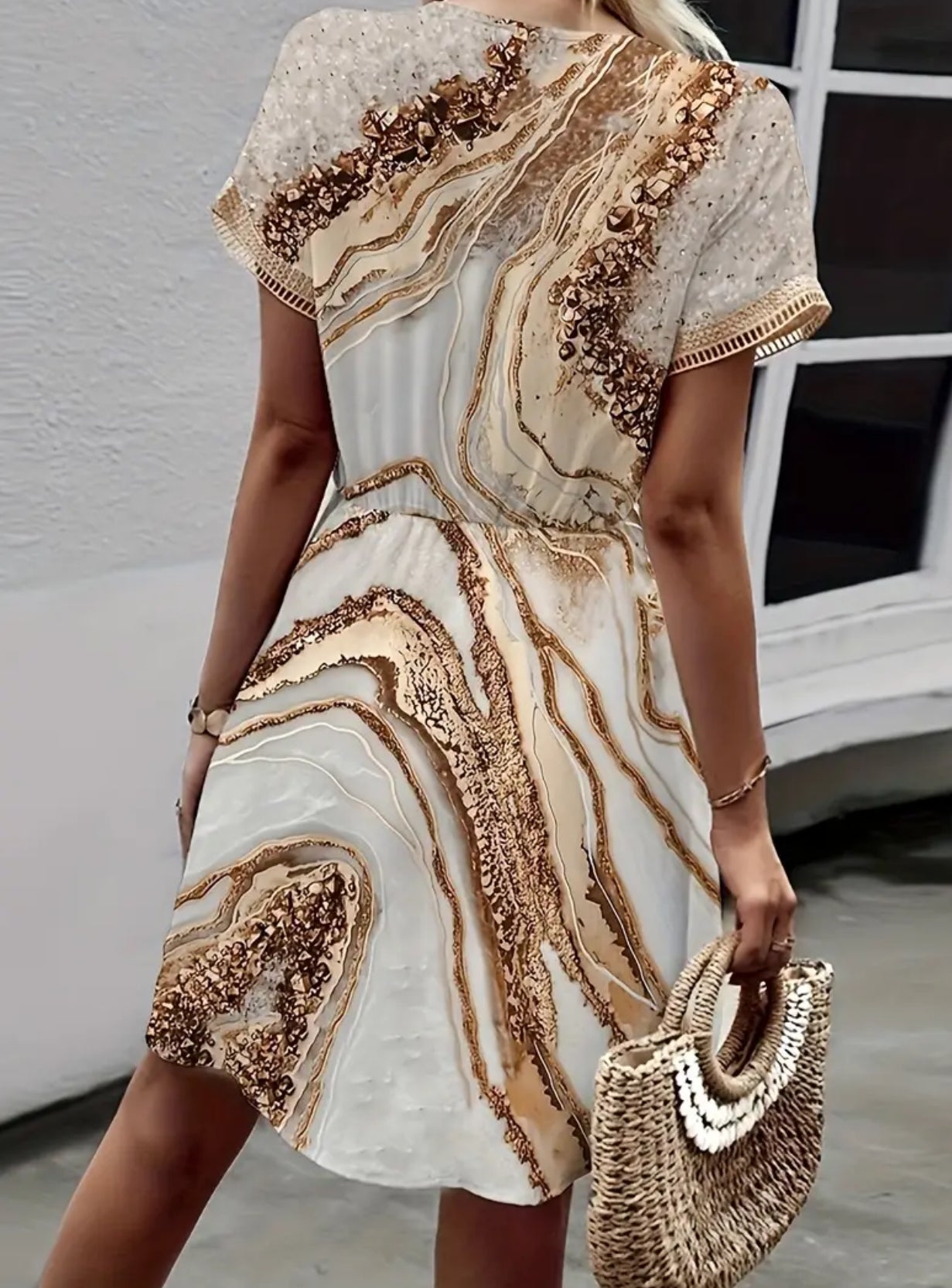 Gold Marble, Elegant Short Sleeve Dress