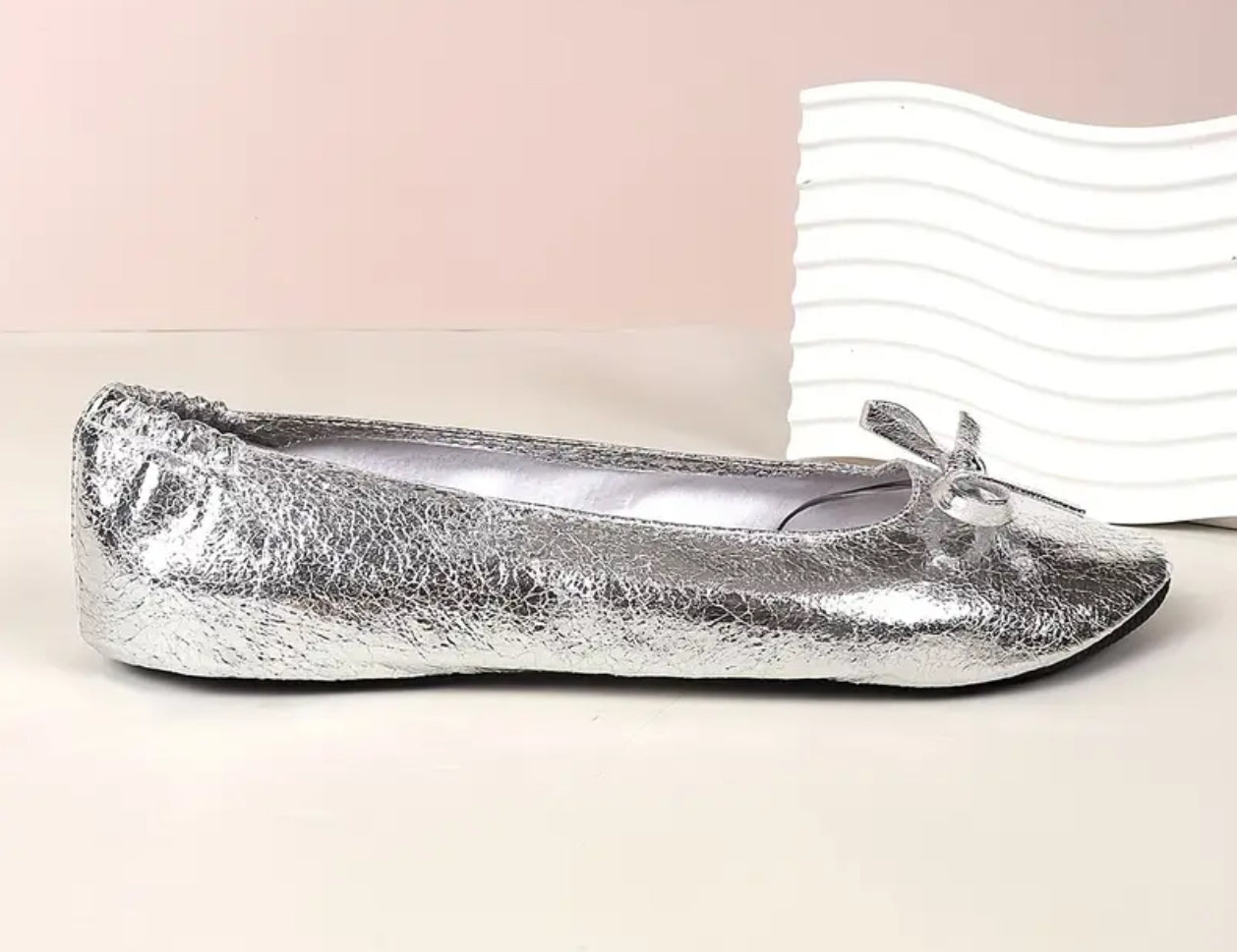 Metallic Pink “Portable Feet Savers” Women's Metallic Flat Shoes, Casual Slip On + Carry Along Bag