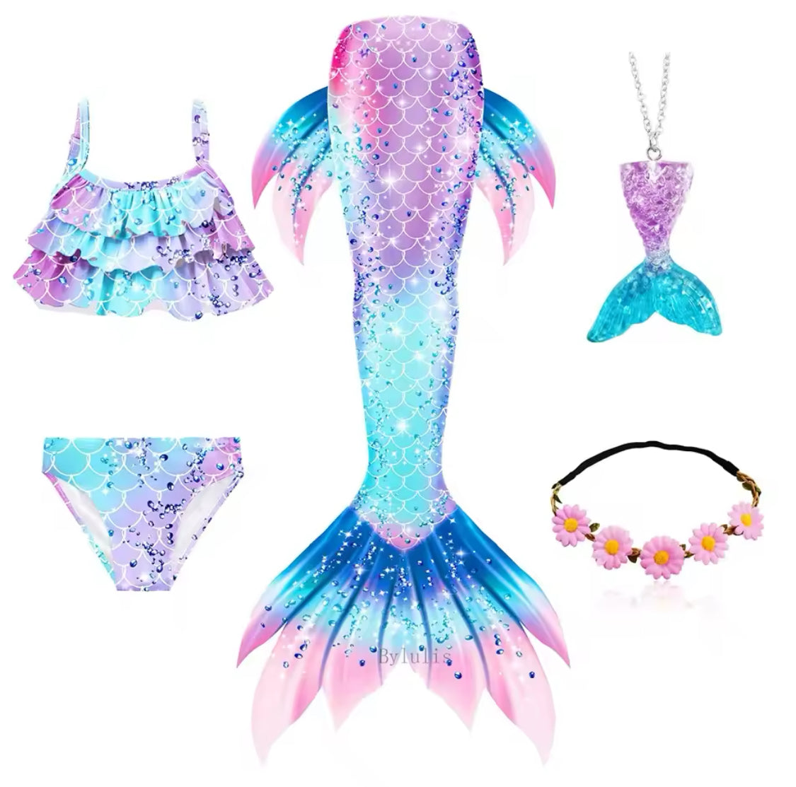 5Pcs/Set Girls Mermaid Tail Swimsuits 🪷🐚 Little Mermaid