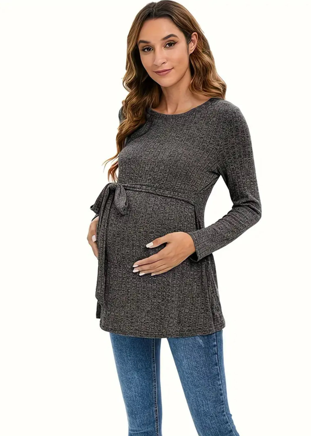 Camiseta de maternidad con textura sólida para mujer, top de punto con cinturón en la cintura, ropa para embarazadas