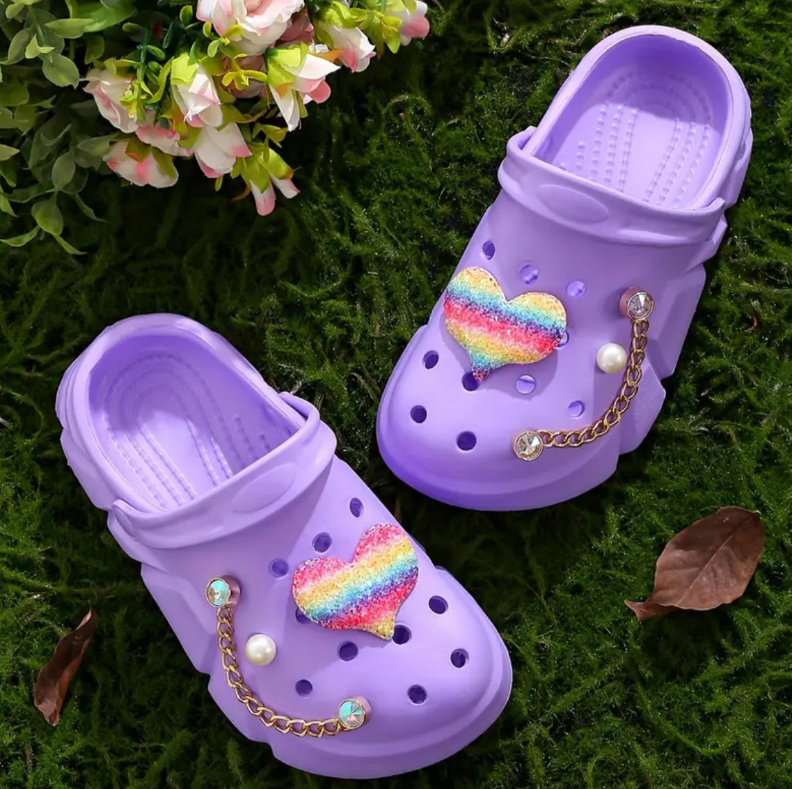 Girls Clogs with Heart Sequin Chain Decor, Water & Slip Resistant