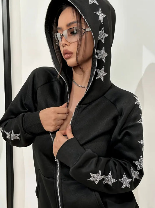 Star Patterned Hooded Sweatshirt- Casual Long Sleeve Zip-Up Outerwear