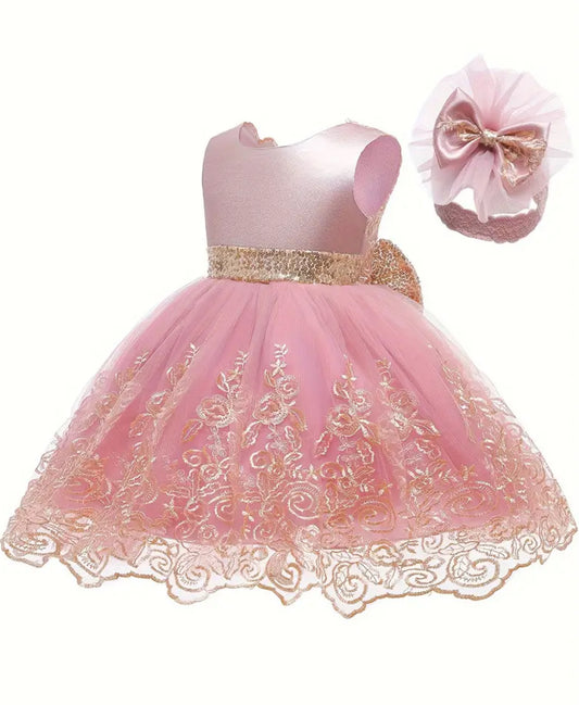 “Pretty In Pink” Princess Dress & Headwear, Sequin Bowknot Decor Gown