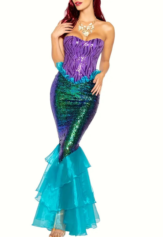 Vestido de cosplay con top de tubo sin tirantes de sirena, cola larga con lentejuelas y volantes