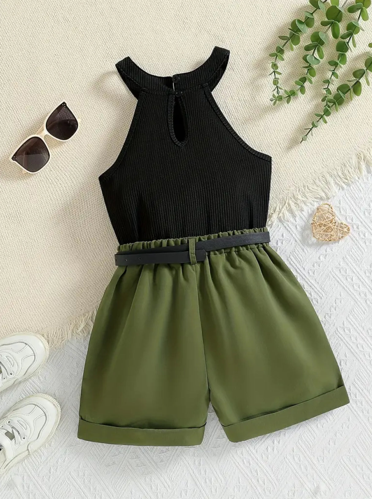 2-Piece Girl's Outfits Sleeveless Halter Top + Cargo Shorts