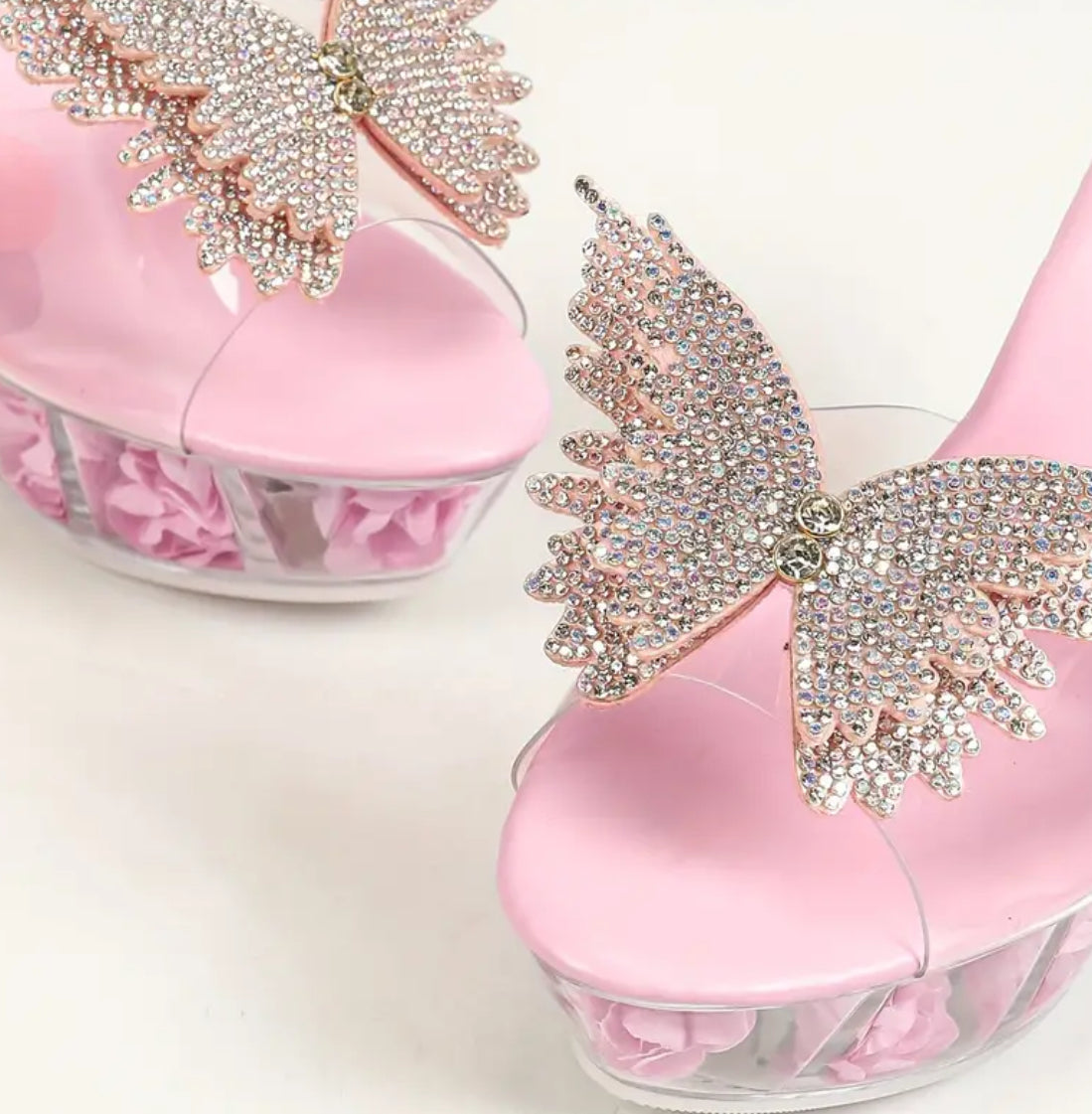 Sandalias de plataforma transparentes sin cordones “Rhinestones &amp; Blooms”