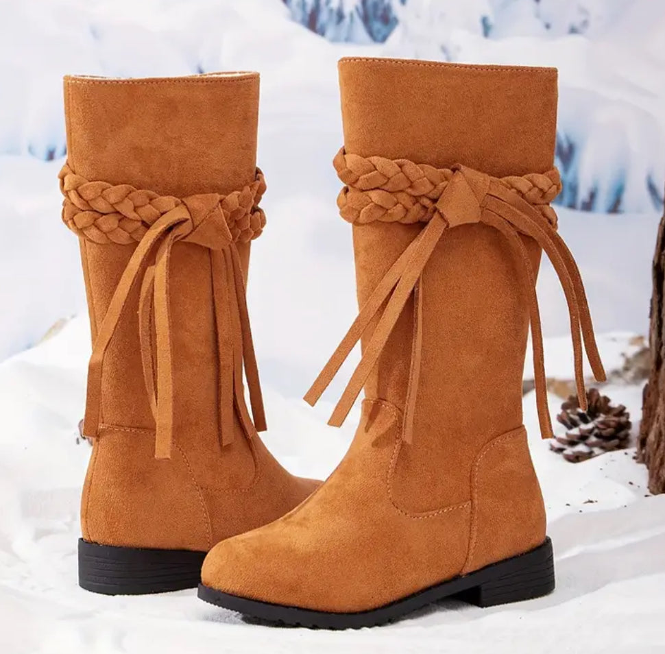 “Indie Princess Boots” Braided Tassels, Warm Fleece-Lined, Zip Closure, Knee-High Winter Riding Boots