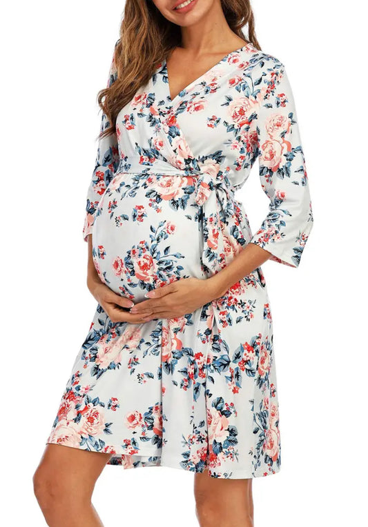 Bata elegante de hospital con flores Ropa de dormir para partos, lactancia y maternidad