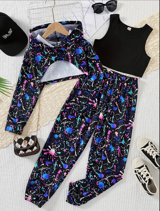 3pcs, Long Sleeve Hooded Sweatshirt Comfy Pullover + Solid Vest ＋graffiti Pattern Sweatpants Set