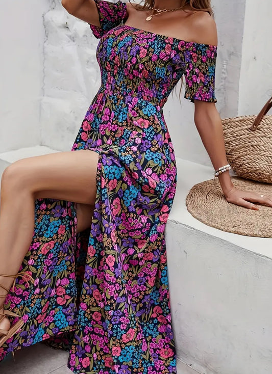 “Floral Fantasy” Off Shoulder Dress, Elegant Backless Shirred Short Sleeve Split Dress