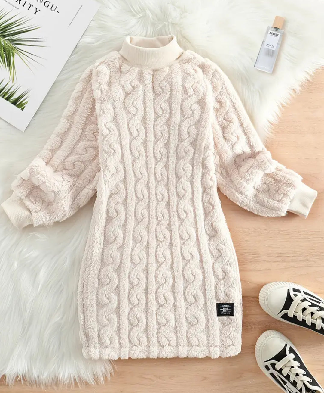 Cozy Girls Fleece Dress - Casual Solid Color with Cable Knit Pattern