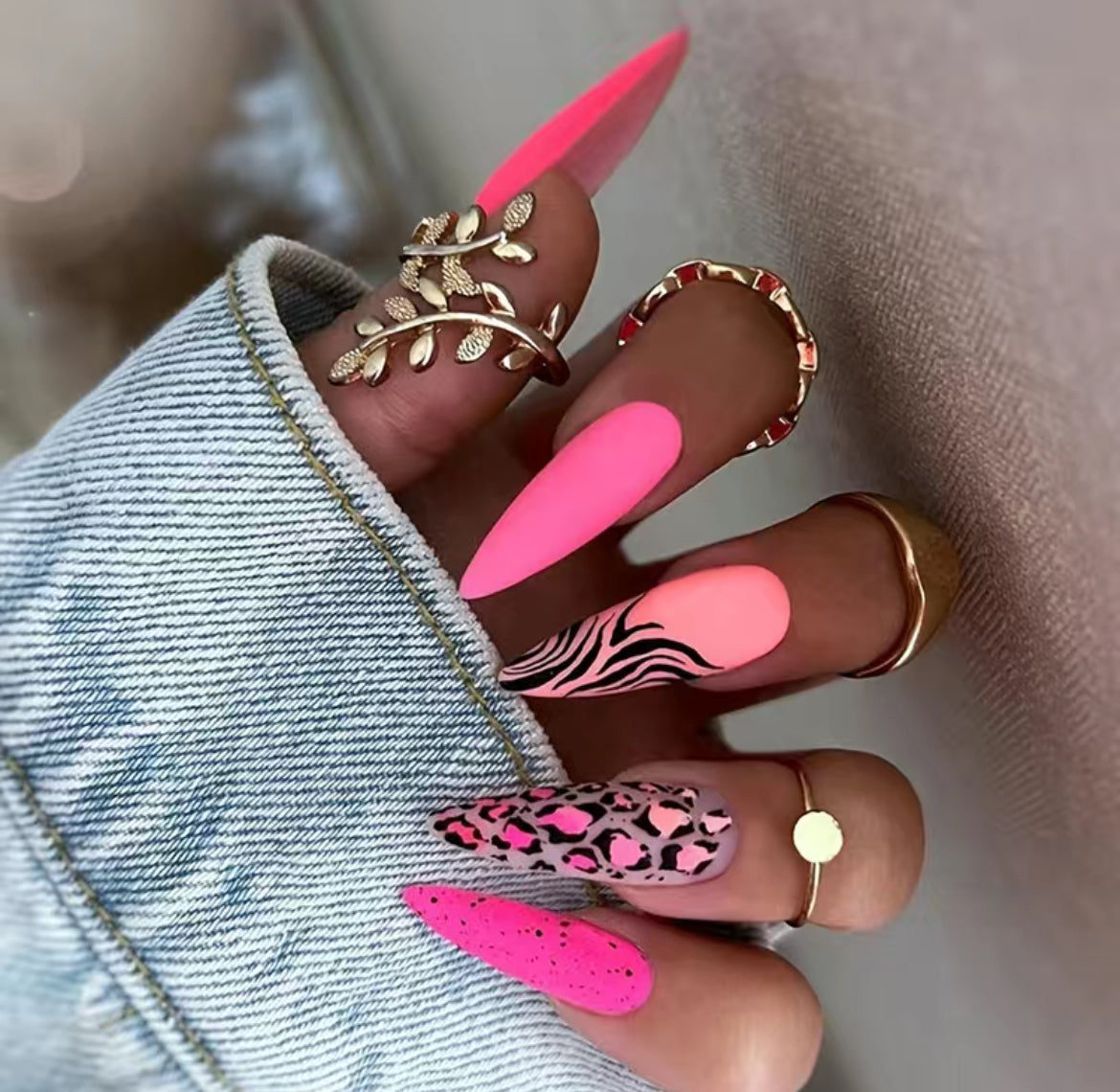 Matte Stiletto Press On Nails with Zebra Leopard Print Design - Full Cover Acrylic False Nails for Women and Girls - Hot Pink Color