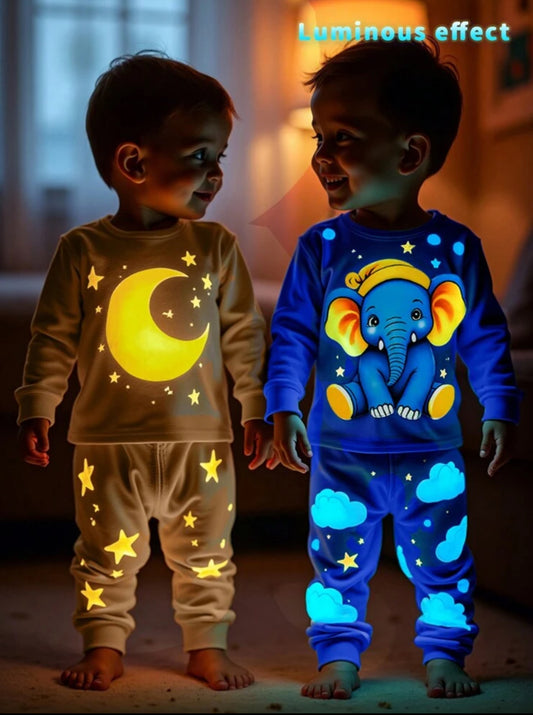 2pcs “Luminous Elephant & Moon” 🌙 🐘 Long Sleeve Top And Long Pants Pajamas Set