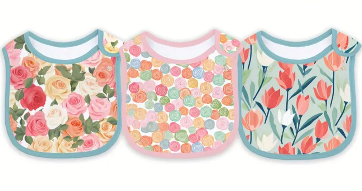 3 Cute Print Waterproof Feeding Bibs With Adjustable Snap