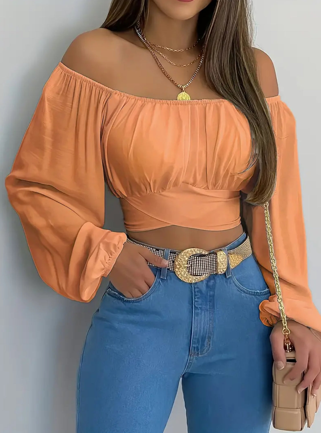 Blusa corta con lazo en la espalda para mujer: blusa informal de manga larga con hombros descubiertos