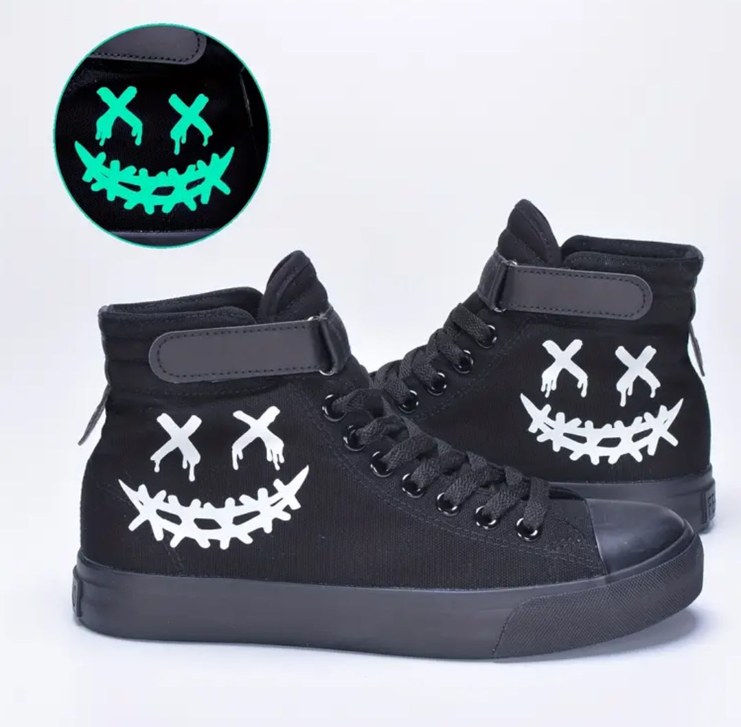 “Glow Skeleton” High Top Canvas Sneakers for Boys and Girls, Non-Slip, All-Season, Casual, Fashion