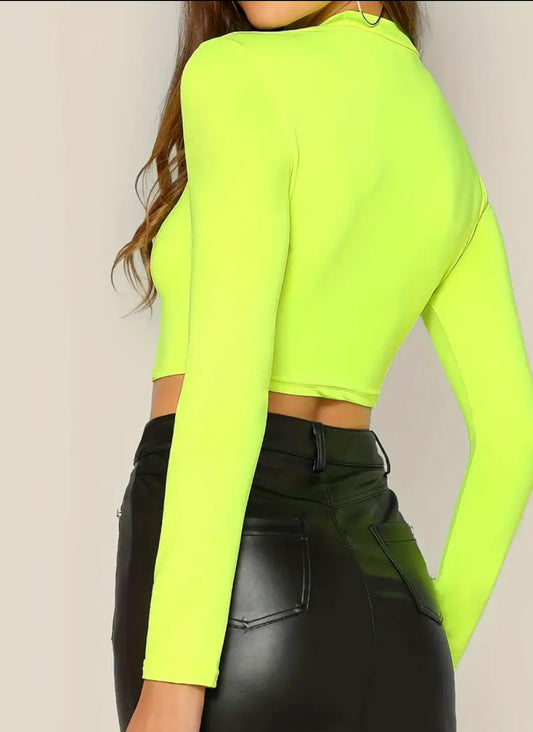 Vibrant “Neon U” Solid Color Crop Top, Long Sleeve Crew Neck, Wardrobe Essential