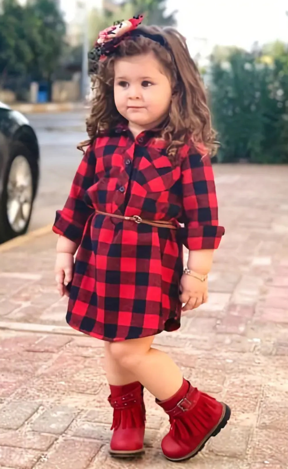 “Holly” Black Red Plaid T-Shirt Blouse Dress + Twist Belt, Long Sleeve, Toddler Baby Girl Outfit