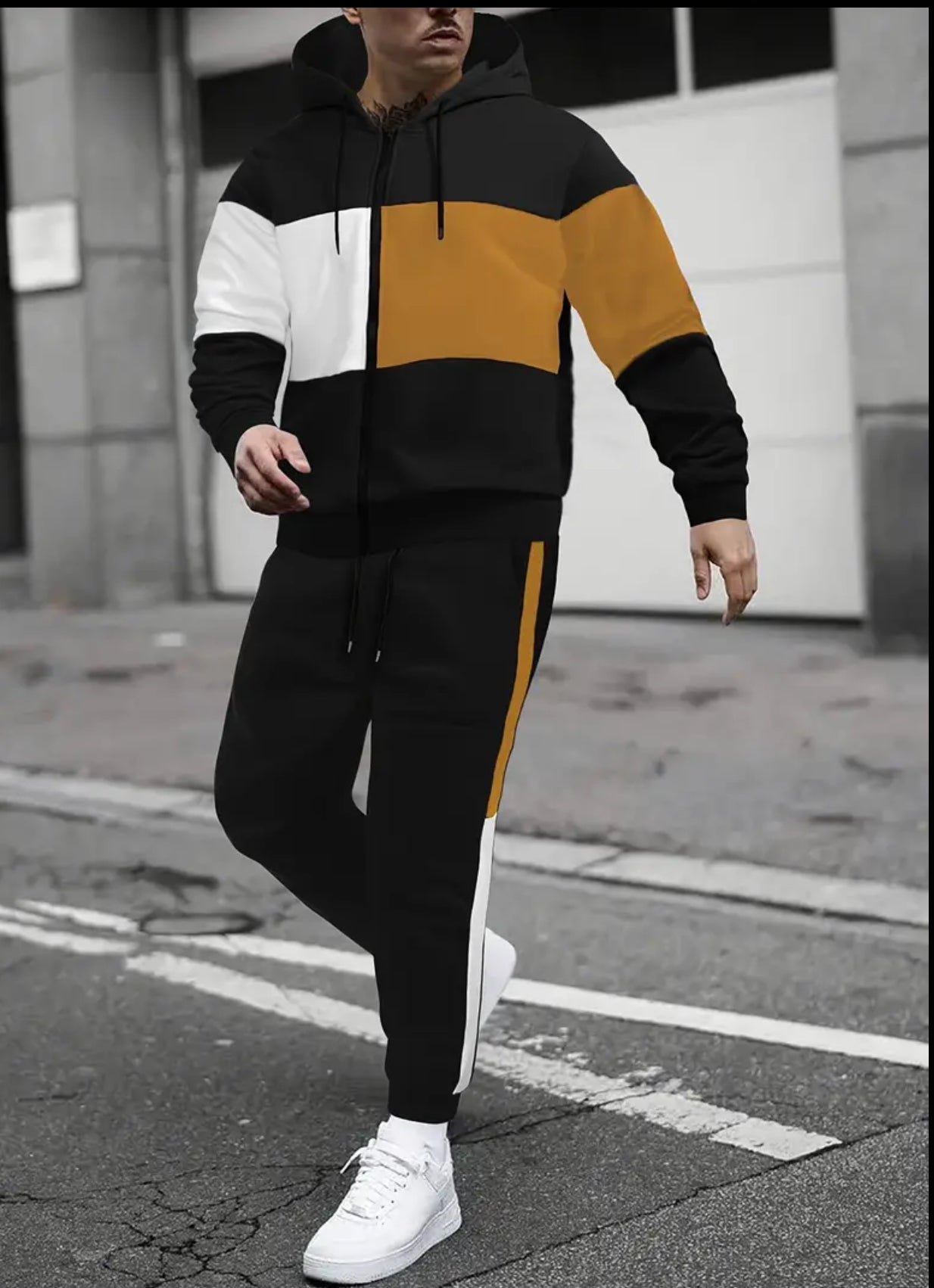 2pcs Men's Color Block Athletic Tracksuit Set, Pants & Sweatshirt