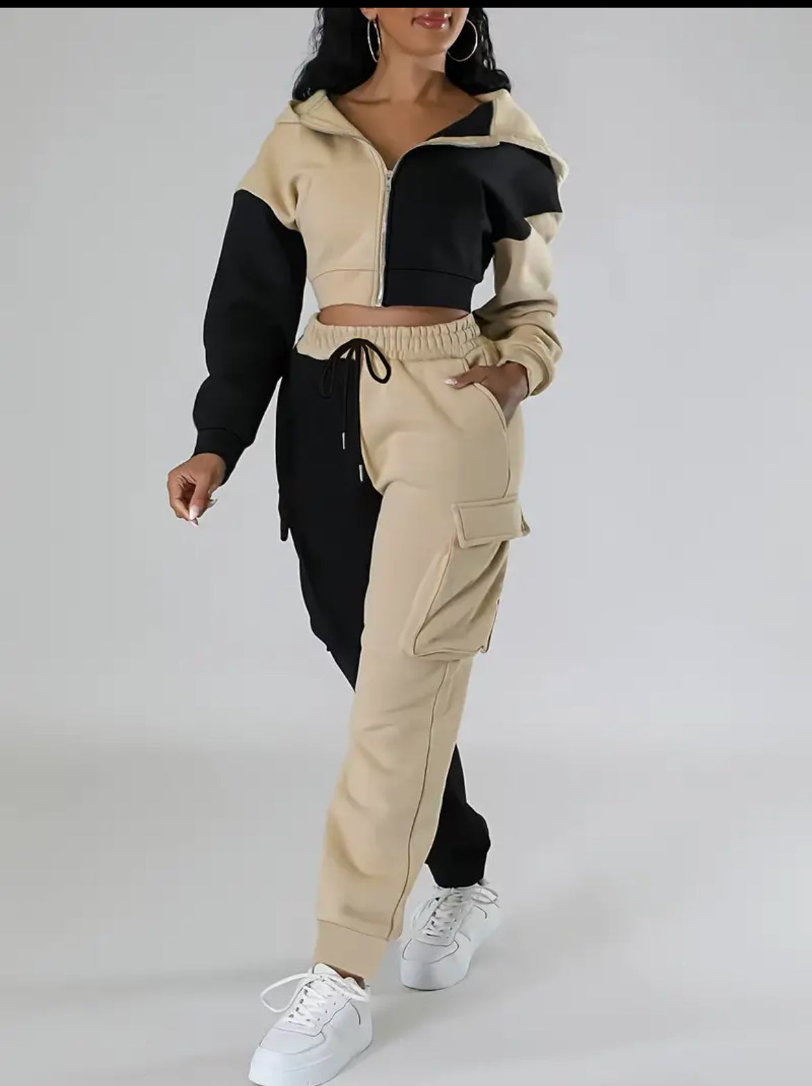 Black & Tan Posh Two-piece Pocket Pants Set, Long Sleeve Hooded Crop