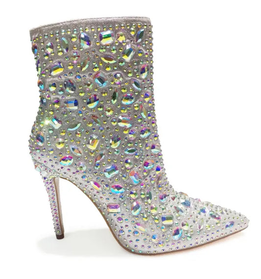 “Silvery Sparkling Rhinestone” Embellished Bootie - Mid High Heel, AB Rhinestones, Luxurious Design, Elegant Style