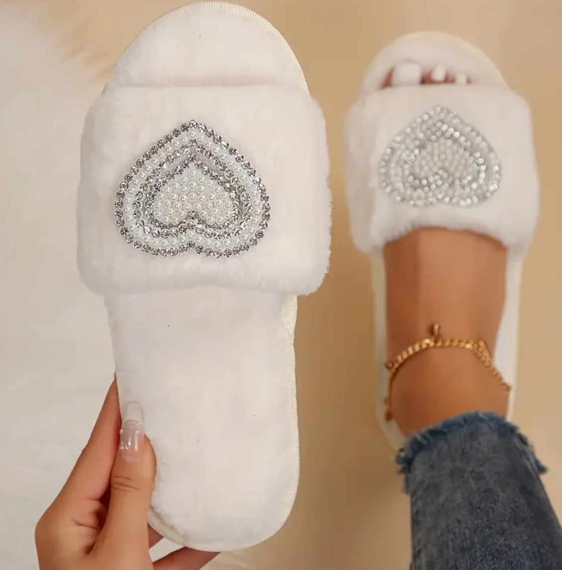 Winter Plush Comfort Slippers - Faux Pearl Accents